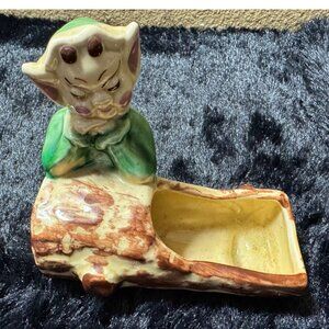 Vintage Ceramic Elf  Pixie  Log Planter Figurine